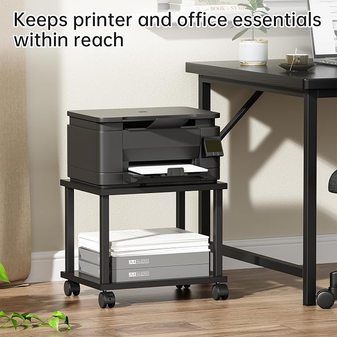 Asgolion Small Printer Table, 2-Tier Under Desk Printer Stand, Printer Stand with Wheels, Printer Shelf for Small Spaces, Printer Cart for Home Office, Black