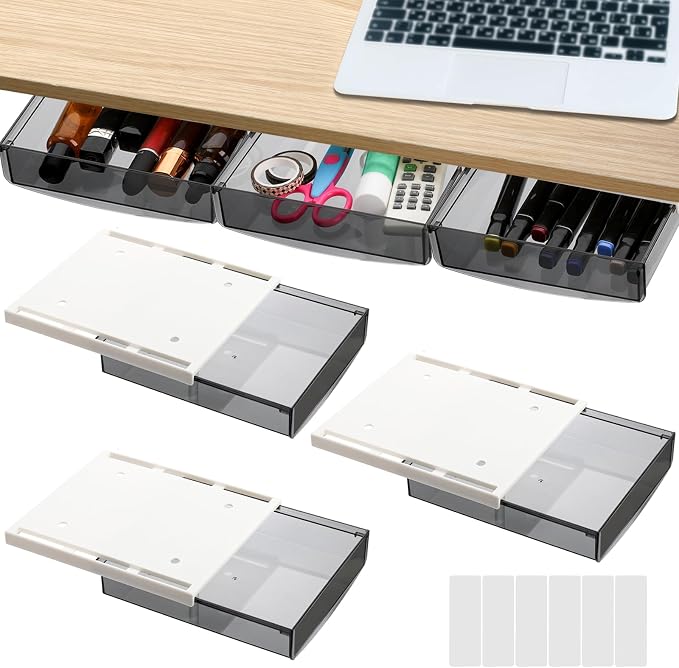 SOUJOY 3 Pack Under Desk Drawer, Self-Adhesive Slide Out Organizer Tray, Plastic Under Table Attachable Hidden Storage Organizer for Office Home School Kitchen Sewing Table