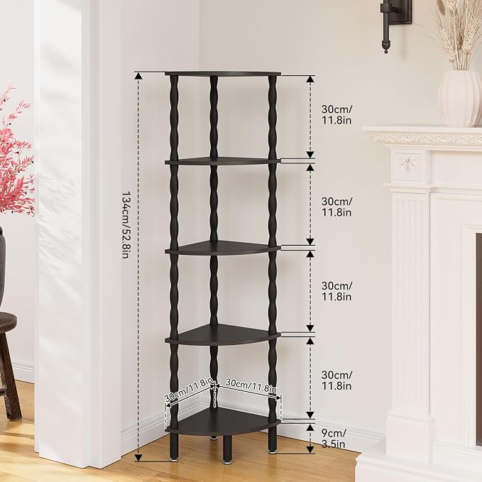 IBUYKE 5-Tier Corner Shelf,Stylish Corner Bookshelf for Small Spaces,Industrial Corner Storage Display Shelves,Small Corner Table for Bedroom,Bathroom,Kitchen, Black WBC020B
