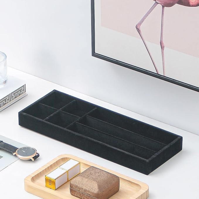 Divided Drawer Organizer Tray, Velvet Jewelry Storage Tray, Necklace Bracelet Ring Earring Display Tray,Bedside Nightstand Desk Holder Tray for Phone Watch Sunglasses Cosmetics Storage/Black/7grid