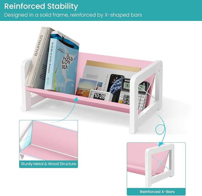 ELITEROO Tabletop Bookshelf, Simple Wood Book Organizer for Desk, Tilted Table Bookcase, Small Desktop Book Rack for Cookbook Display, Kids Reading, Office Storage, Pink