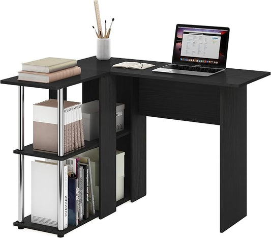Furinno Abbott L-Shape Desk with Bookshelf, Americano/Chrome