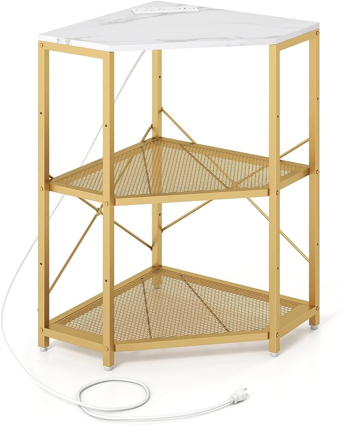 Tangkula Corner Printer Stand with Power Outlet, 3-Tier Storage Rack with Adjustable Metal Mesh Shelf, Freestanding Corner Table Computer Tower Holder for Home Office Living Room (White)