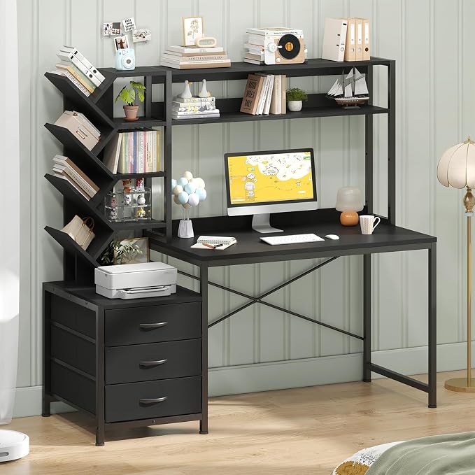 YOMILUVE Reversible Computer Desk with Hutch, Home Office Desk with Drawers and Bookshelf, 52'' Study Writing Desk with Storage Shelves for Bedroom Home Office, Black
