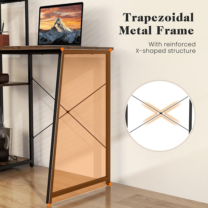 Tangkula Computer Desk with Shelves, Space Saving Home Office Desk with 3-Tier Ladder Shaped Storage Bookshelf, Modern Writing Study Desk with Metal Frame, Compact Computer Workstation (Rustic Brown)