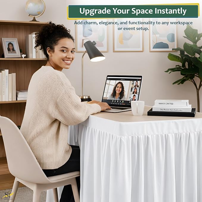 Shreem Linen Dorm Desk Skirt, Ruffled Gathered Table Cover, Custom-Fit, No Platform, Split Corners, Under Desk Storage Cover for Dorm & Home Office, White Desk Skirt (D20 x W48 Skirt H30 Inches)