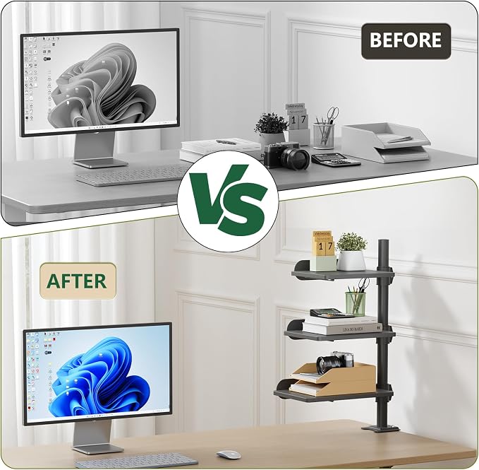 3 Tier Clamp-on Desk Shelf Height Adjustable, 360° Rotatable Desktop Storage Tray with Baffle, Over or Under Desk Organizer Shelf for Office Accessories, Black