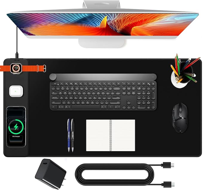 Mouse Pad with Magnetic Wireless Charging, Large Desk Mat, Non-Slip Mouse Mat, Keyboard Pad for Gaming, Desk, Office, PC