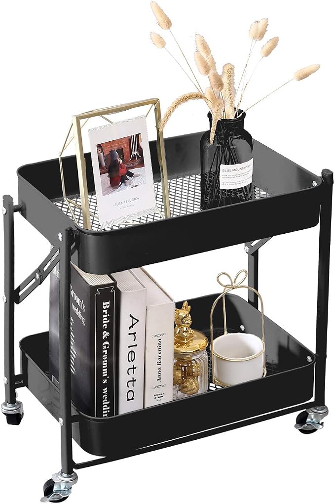 Melody House 2-Tier Metal Folding Rolling Cart, Mobile Utility Cart Trolley Storage Organizer for Office Home Kitchen Organization, Sofa Side End Table with Wheels, Black