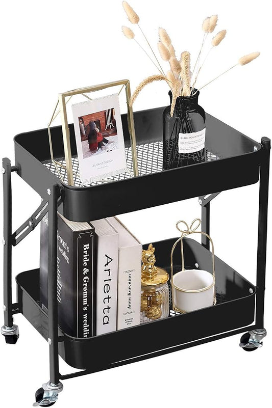 Melody House 2-Tier Metal Folding Rolling Cart, Mobile Utility Cart Trolley Storage Organizer for Office Home Kitchen Organization, Sofa Side End Table with Wheels, Black