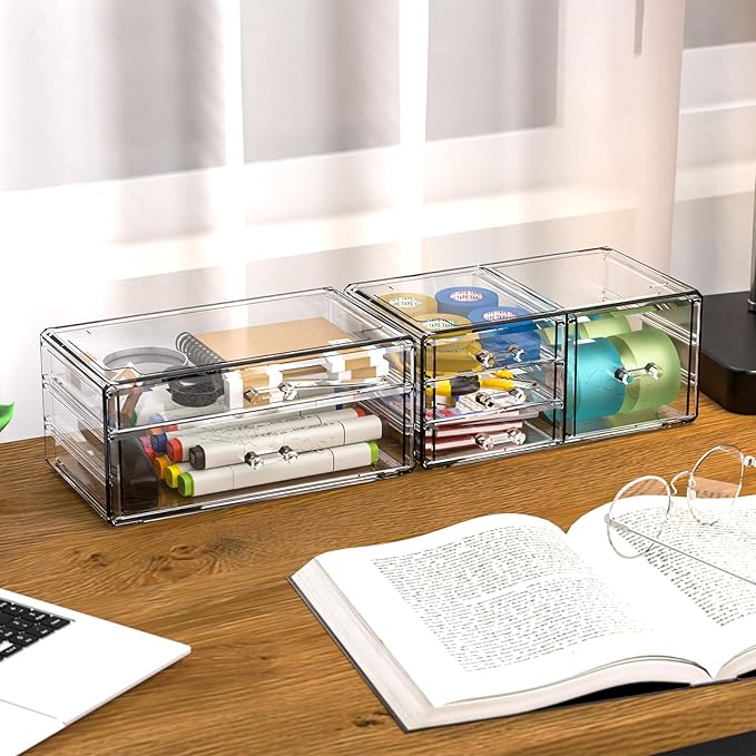 Cq acrylic 2 Pack Clear Desk Organizer With Drawers,Stackable 6 Drawers Skincare Organizer,Cute Skin Care Organizers for Vanity Hair Clip,Jewelry,Beauty Product Desk and Makeup Organizers Countertop