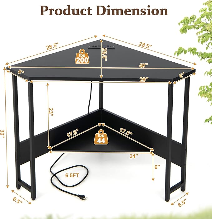 COSTWAY Corner Computer Desk, with USB Ports & Power Outlet, Storage Shelf for Small Space, Triangle Steel Frame Corner Desk for Home Office, Workstation (Black)