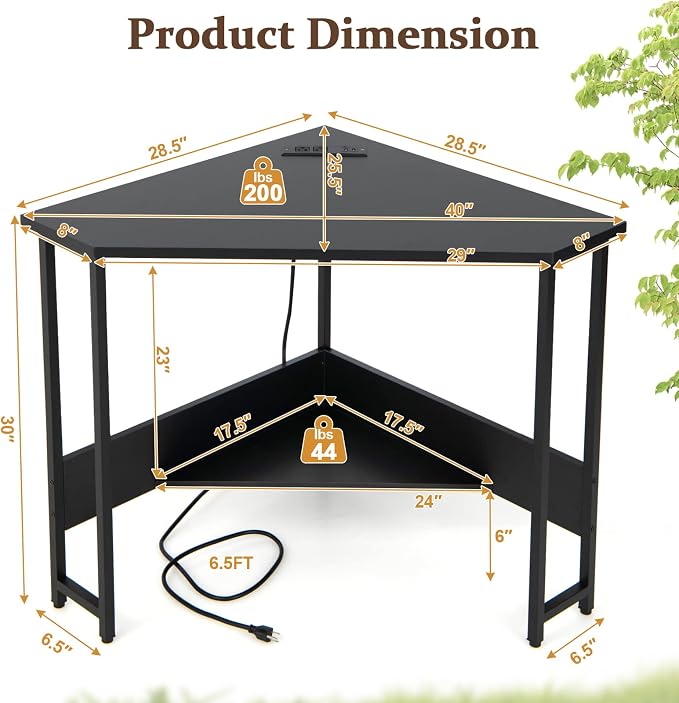 HOMGX Triangle Corner Computer Desk with USB Ports & Power Outlet, Modern Vanity Desk with Storage Shelf, Space Saving for Small Home Office, Black