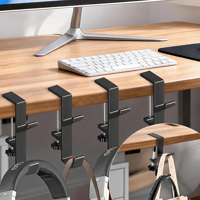 Desk Mount Bag Holder Hook Clamp,On Backpack Hanger Portable Desk Mount Headphones Holder for Reduce Desk Clutter Table Desk Table Hanging Storage (4 Pcs-Double Hook Black)