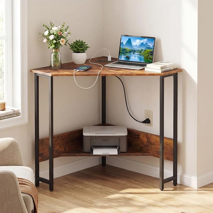 Giantex Corner Desk with Charging Station, 90° Triangle Computer Desk with Storage Shelf, Industrial Compact Writing Desk with Metal Frame for Home Office, Small Spaces & Bedroom, Rustic Brown