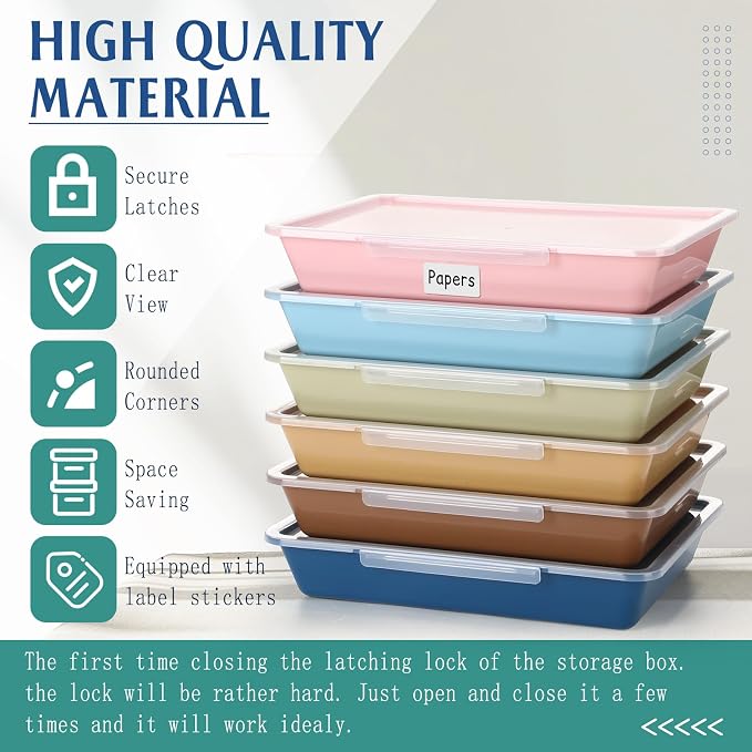 Tinlade 12 Pcs Classroom Paper Storage Bins with Clear Latching Lid, Label Stackable Letter Size Flat Tray Container for Teacher Back to School Supplies Home Office Desk Arts Crafts (Morandi,13x10in)