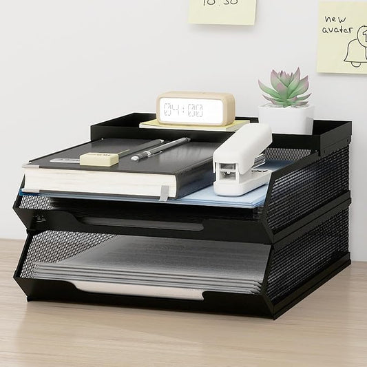 Natwind 2 Tier Stackable Paper Trays for A4 File,Desktop File Organizers for Office Supplies,Metal Mesh Desk Organizer,Mail Sorter Paper Tray with Top Tray,Letter Trays for Home,Office,School,Black