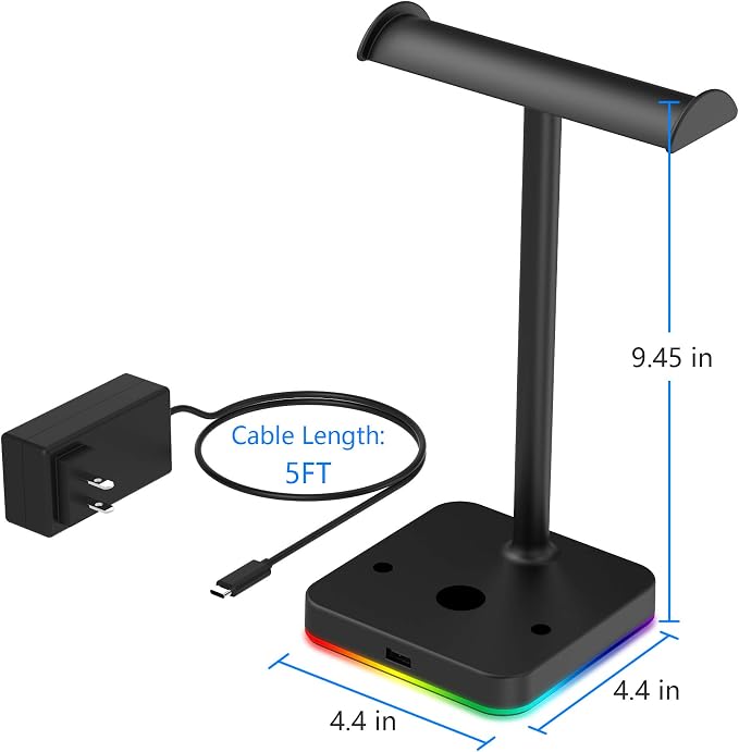 KAFRI RGB Dual Headphone Stand with Wireless Charger Desk Gaming Double Headset Holder Hanger Rack with 10W/7.5W QI Charging Pad and QC 3.0 USB Port - Suitable for Gamer Desktop Table Game Earphone