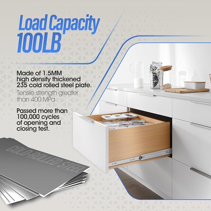 1 Pair Full Extension Ball Bearing Drawer Slides 8 10 12 14 16 18 20 22 24 Inch 100 LB Load Capacity Side Mount File Cabinet Rails Dresser Metal Runner Trash Can Kitchen (16 inch, Silver)