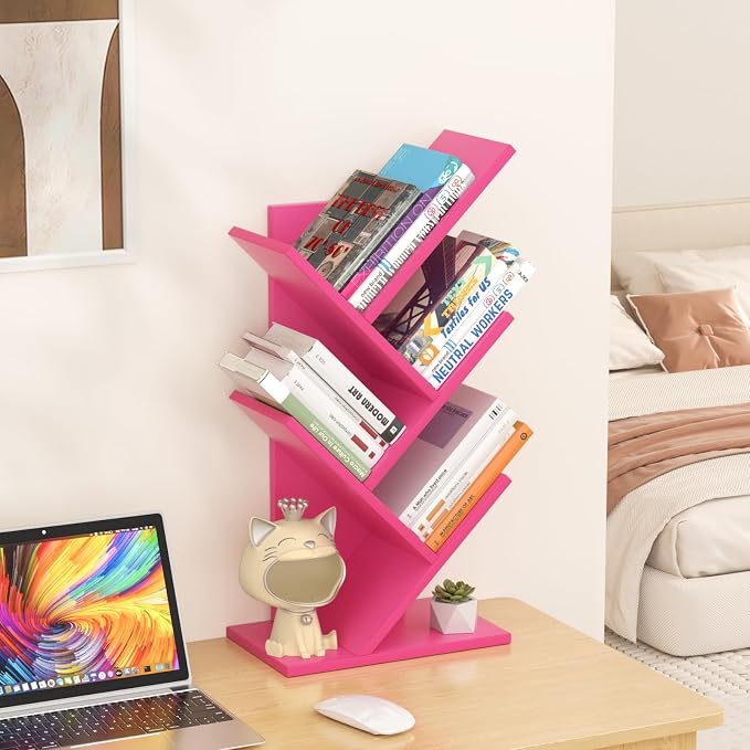 SHEEPAM 5 Tier Tree Book Shelf, Small Desktop Bookshelf with Storage Organizer, Wood Bookcase, Desk Display Bookshelves, Floor Standing Organizer Bookcases for Living Room,Bedroom,Office-Pink