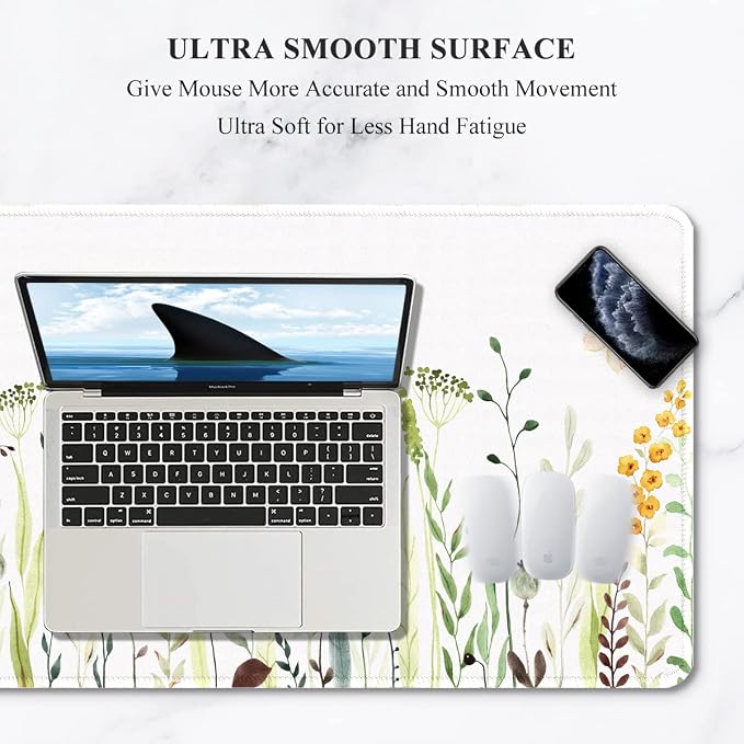 Auhoahsil Desk Pad, XXL Large Mouse Pad, Extended Gaming Mousepad, Cute Desk Mat for Women, Big Office Accessories Mouse Pad for Computer Keyboard and Laptop, 35.6" x 15.7", White Wildflower Butterfly