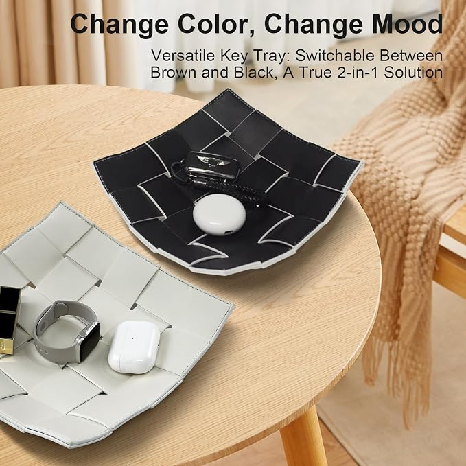 MSJGA Valet Tray for Men and Women PU Leather Key Holder Bowl for Entryway Table Bedside Nightstand Desk Catchall Organizer Tray for Wallet, Watch, Key, Phone Men's Gift - 9.8" L x 9.8" W x 2" H