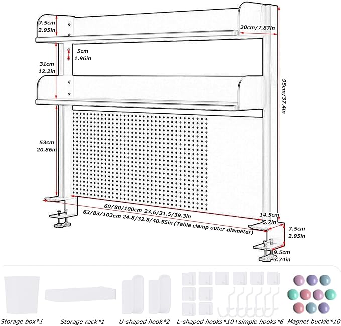 Clamp On Desk Organizer Shelf, White Desk Extender Pegboard Workstation,Computer Desk Accessories for Office, Privacy Panel for Gaming Desk,23.6/31.4/39.3in Desktop Shelving (white, 60cm/23.6in)