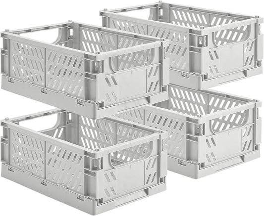 HUUSMOT 4-Pack Small Pastel Plastic Storage Baskets, Collapsible Crates for Organizing, Space-Saving Mini Bins for Classroom, Kitchen, Office, Bedroom (Grey, 9.8" x 6.5" x 3.8")