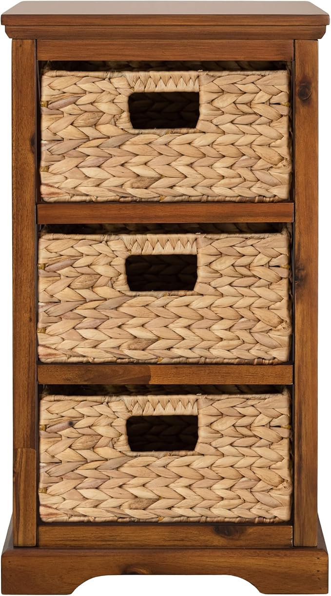 eHemco Hampton Meadows 3 Tier X-Side End Storage Cabinet with 3 Wicker Baskets, Walnut