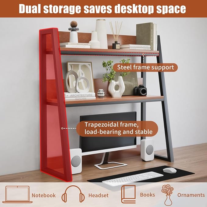 AQQHSAIN Desktop Hutch Shelf 2-Tier Ladder Bookshelf Computer Bookcase Wooden Desktop Display Rack Multipurpose Desk Hutch Top Only for Home Office Dorm Use (Brown, 75CM)