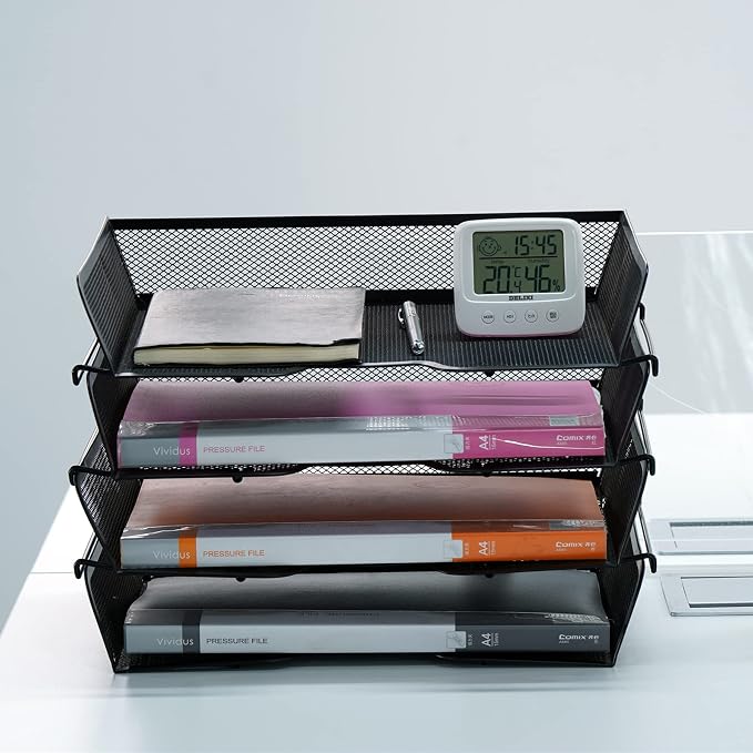 4 Tier Mesh Stackable File Trays Letter Trays,Office Paper Organizer for Desk,File Organizers and Storage,Black