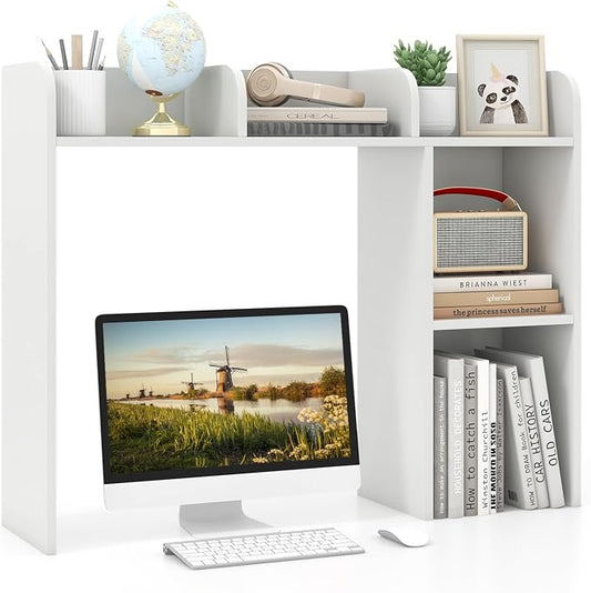 MAT EXPERT Desk Organizer, Wooden Desktop Shelf for 27 Inch Monitor with 5 Shelves & Non-Slip Foot Pads, Anti-Tipping Device, Multipurpose Desk Hutch for Study, Office, Dorm (White)