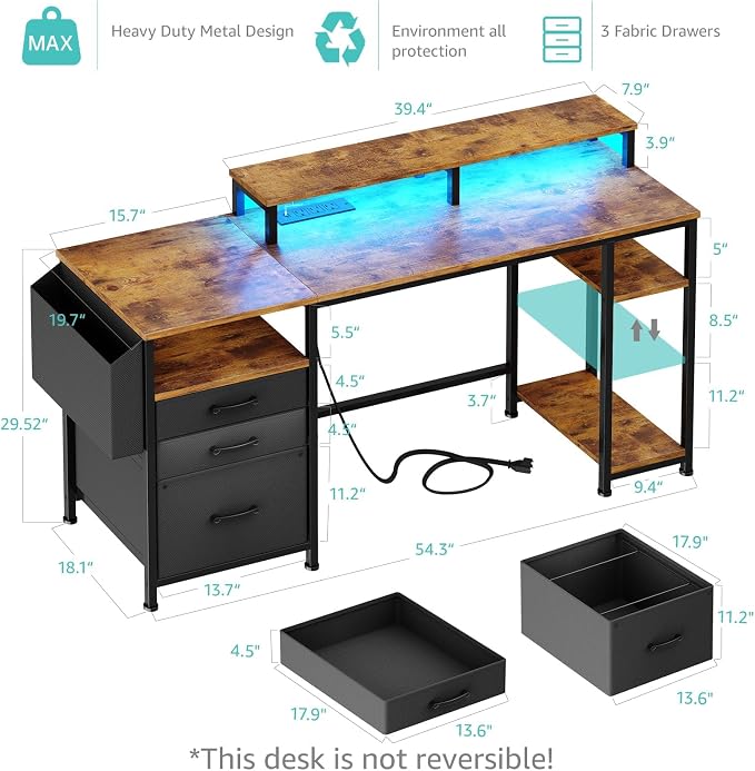 Lufeiya Gaming Desks with Led Lights and Power Outlets, 55 Inch Study Writing Computer Desk with Fabric File Drawers Cabinet for Bedroom, Home Office Desk with Shelves Monitor Stand, Rustic Brown