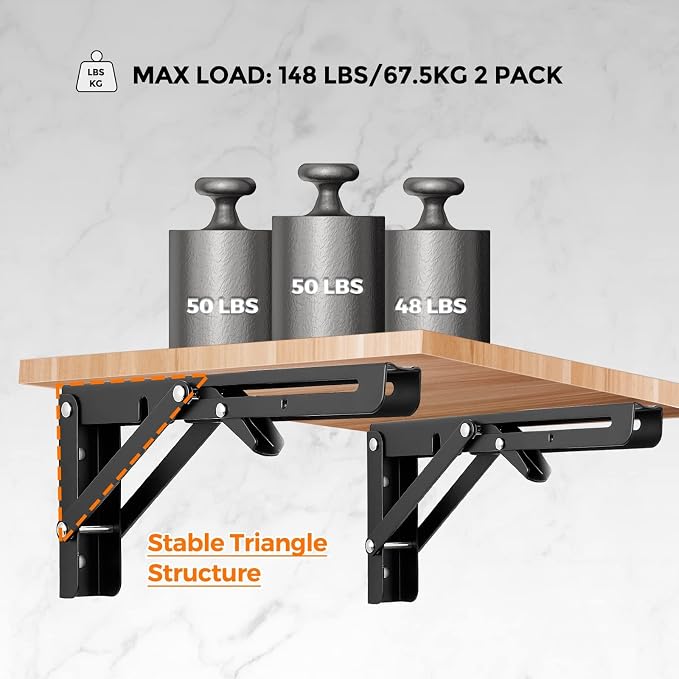 Ravinte 6 Pack 10 Inch Folding Shelf Brackets – Matte Black, Heavy Duty Collapsible Brackets for Tables and Benches – Space-Saving Design