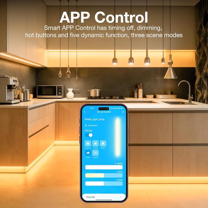 DAYBETTER Under Cabinet Lighting kit,8 PCS Under Cabinet Lights,Dimmable LED Strip Lights for APP Control,LED Lights for Kitchen Cabinet,Counter Shelf 2700K-6500K Warm to Daylight White,Timing,13.2ft