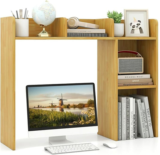 MAT EXPERT Desk Organizer, Wooden Desktop Shelf for 27 Inch Monitor with 5 Shelves & Non-Slip Foot Pads, Anti-Tipping Device, Multipurpose Desk Hutch for Study, Office, Dorm (Oak)