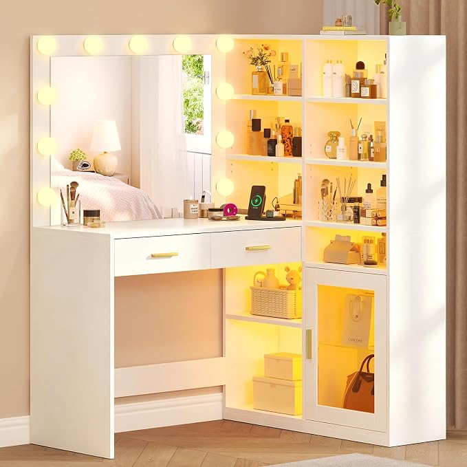 Corner Vanity Desk with Lighted Mirror & 9 Open Storage Shelves, L-Shaped Vanity with Charging Station & RGB Cabinet, White Makeup Vanity with Drawers, Large Makeup Desk with Storage for Bedroom