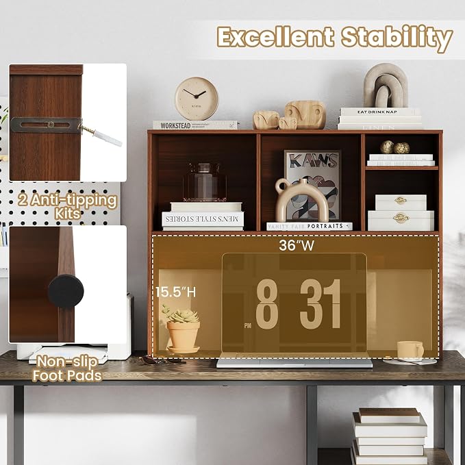 Giantex Desktop Bookshelf, Countertop Storage Hutch with 4 Shelves for Computer Desk, Dressing Tabletop Display Rack, Multipurpose Desk Hutch Storage Organizer for Home Office Dorm (Walnut)