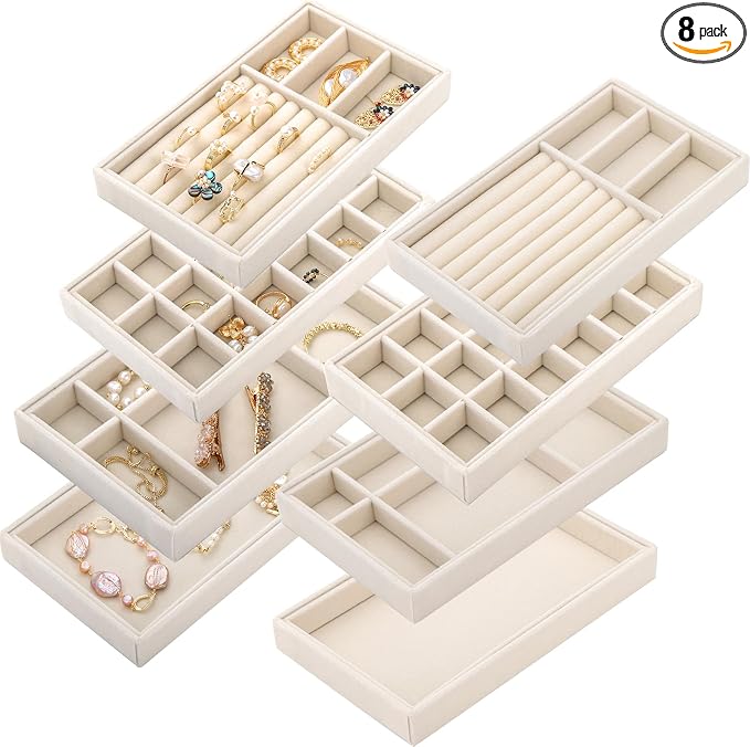 Elsjoy 8 Pack Velvet Jewelry Trays, Stackable Jewelry Organizer Trays for Drawers, Beige Jewelry Storage and Display Tray Inserts for Necklaces, Rings, Earrings