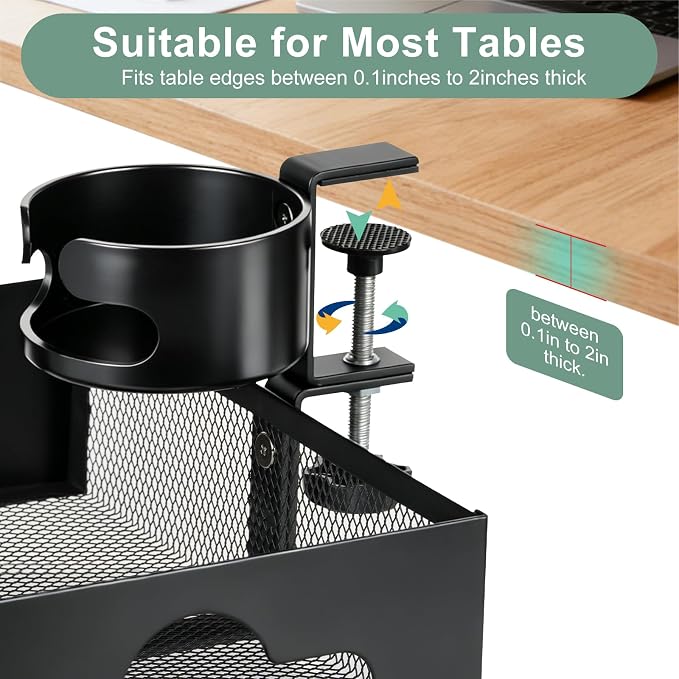 MYITYARD Desk Cup Holder Clamp, Anti-Spill Clip On Table Cup Holder with Rotation Drawer Organizer, Under Desk Storage Box Drink Holder for Desk Attachment, Gaming Desk Accessories for Office Home