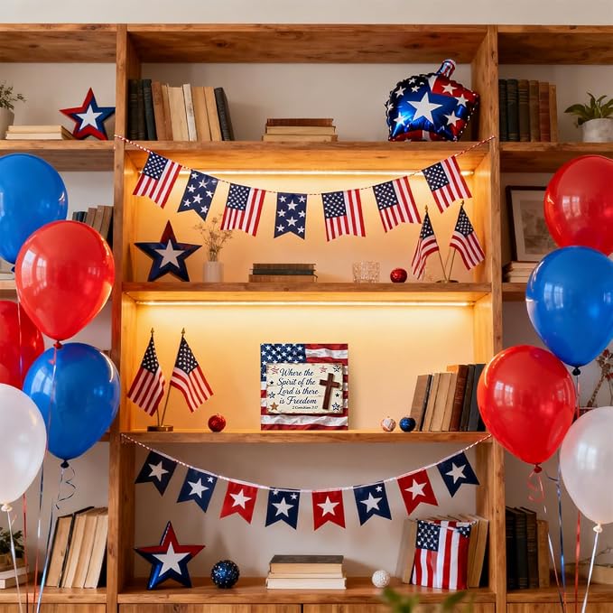 Patriotic Wooden Box Sign,Where The Spirit Is There Is Freedom 4th Of July Signs Home Decor,Independence Memorial Day Block Sign for Desk Shelf Tabletop Decor