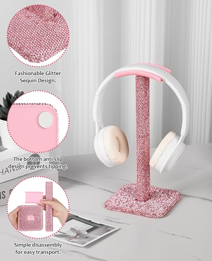 Cute Pink Headphone Stand for Desk - Rhinestone Bling Headset Holder with Soft Headrest, Sparkle Kawaii Desk Accessories for Gamer Girls & Women, Aesthetic Gift for Teen Girl Birthday (Crystal)