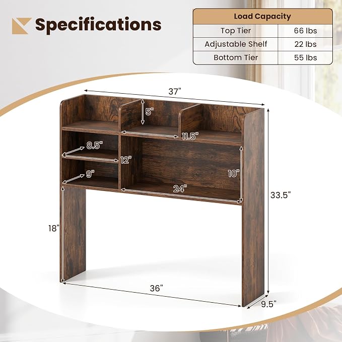 Giantex Desktop Bookshelf, 37" Desk Hutch Dorm for Computer Up to 32 Inch, Countertop Hutch w/6 Storage Shelves, 3-Tier Desktop Organizer Display Rack, Wood Desk Shelf for Home Office (Rustic Brown)