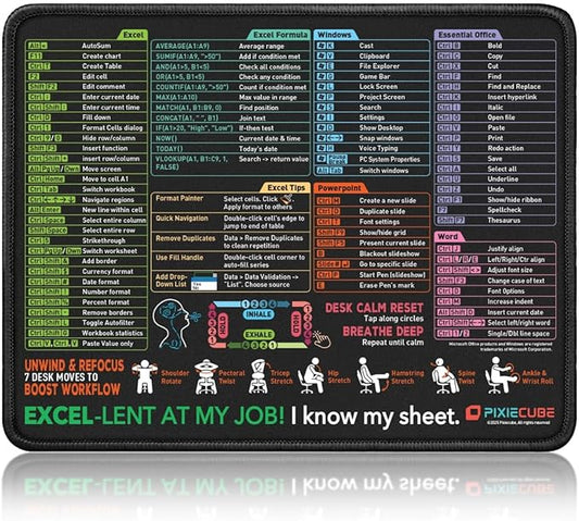 Pixiecube Excel Shortcut Mouse Pad with Windows, Word & PowerPoint Shortcuts - Small Excel Cheat Sheet Desk Pad | Non-Slip Stitched Gaming Mousepad | Large Mouse Pads for Desk Computers & Workstations