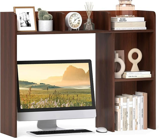 Giantex Desktop Bookshelf, Wood Desk Hutch Organizer for 27 Inch Computer Monitor, Countertop Storage Display Rack with 5 Shelves, Multipurpose Desktop Shelf Bookcase for Dorm Office Home, Walnut