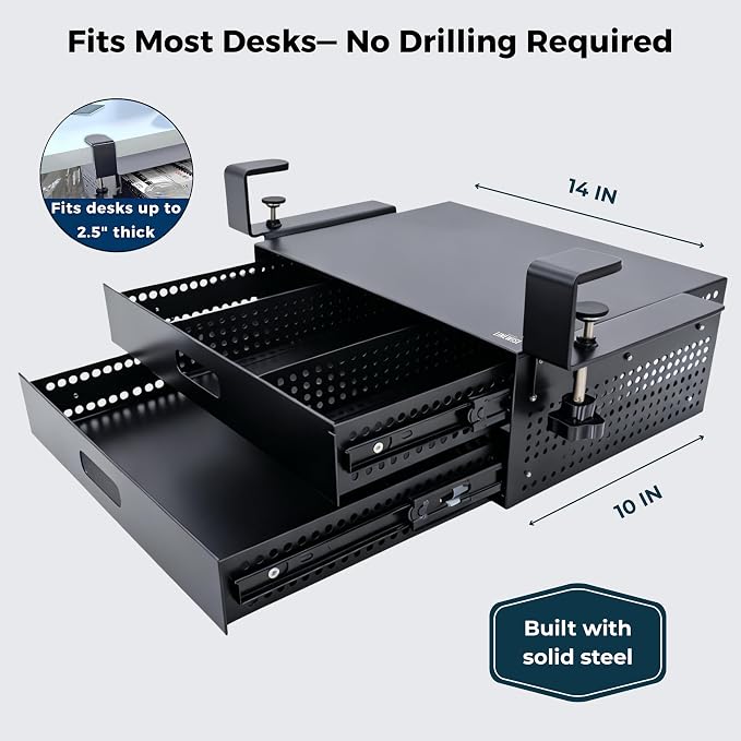 Under Desk Drawer – Clamp-On No-Drill Metal Organizer, Slide-Out Storage for Home & Office Desks