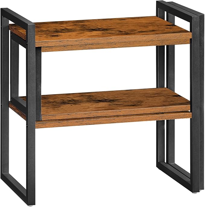 HOOBRO Desk Shelf Organizer, Adjustable Desktop Bookshelf, 2-Tier Shelf for Top of Desk, Wooden Office Storage Rack, for Office, Study, Kitchen, Dorm, Rustic Brown and Black BF39SJ01
