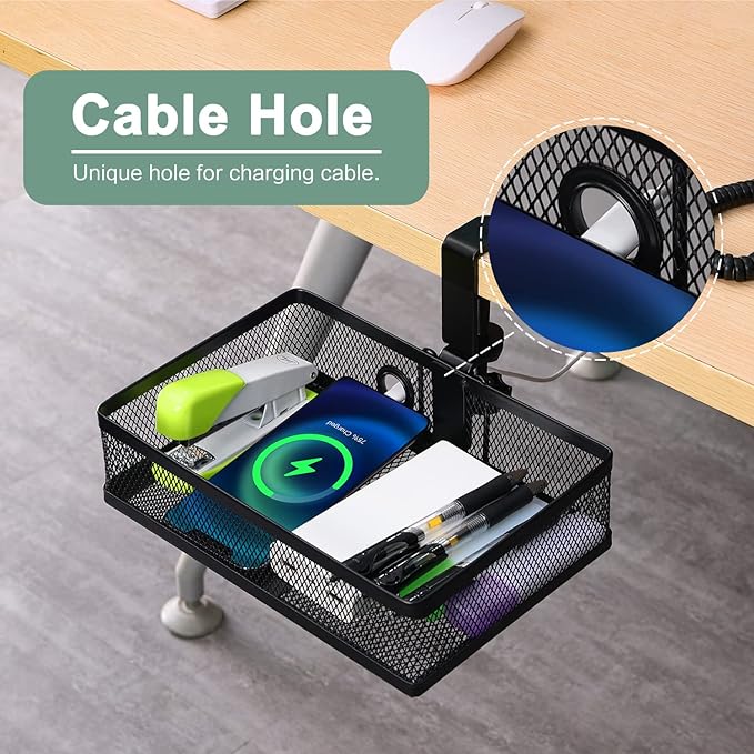 ROSLINE Under Desk Storage Organizer, Clamp on Drawer Basket, Hanging Storage, Mount Tray, Suitable for Multiple Scenes (Black)