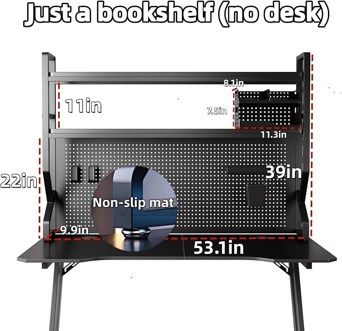 Desktop Hutch Bookshelf,Many Gifts,Metal Desktop Bookcase with pegboard, Desk Shelf, Countertop Storage Organizer Rack for Dorm or Office,Desktop Shelves (Black, 53.1" Lx9.9 Wx39 H)