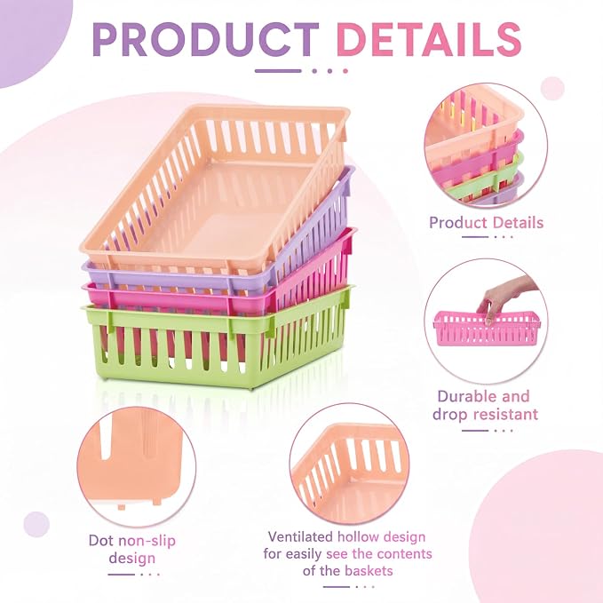 Thenshop 16 Pcs Classroom Storage Baskets Classroom Pencil Organizer Bins Plastic Book Baskets for Library Plastic Storage Trays for Desk Drawer Home Office, 10.2 x 6.5 x 2.4 Inch (Fresh Color)